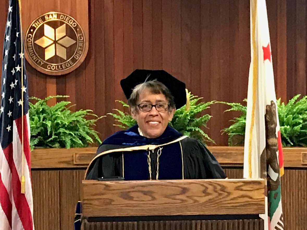 SDCCD Chancellor Constance M. Carroll congratulates the class of 2020 during her commencement remarks, which were recorded on May 29 at the District Office. Graduates will be highlighted during four virtual ceremonies on July 17.